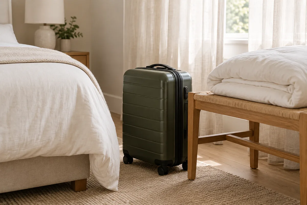Illustrative bedroom detail with a closed suitcase, oak bench and folded bedding