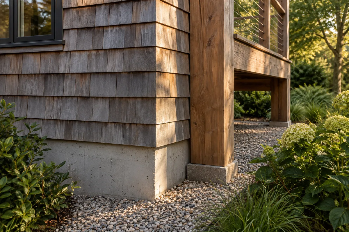 Illustrative detail of cedar siding, a deck post and foundation beside garden planting